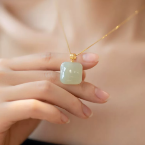 Hetian jade pendant, small square candy peace charm necklace for women, light luxury, niche design, new bestseller accessory.